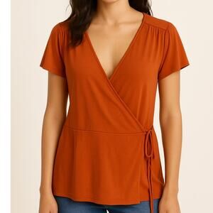 2/$30 LOFT Large Womens Orange Short Sleeve Surplice V-Neck Wrap Blouse Top